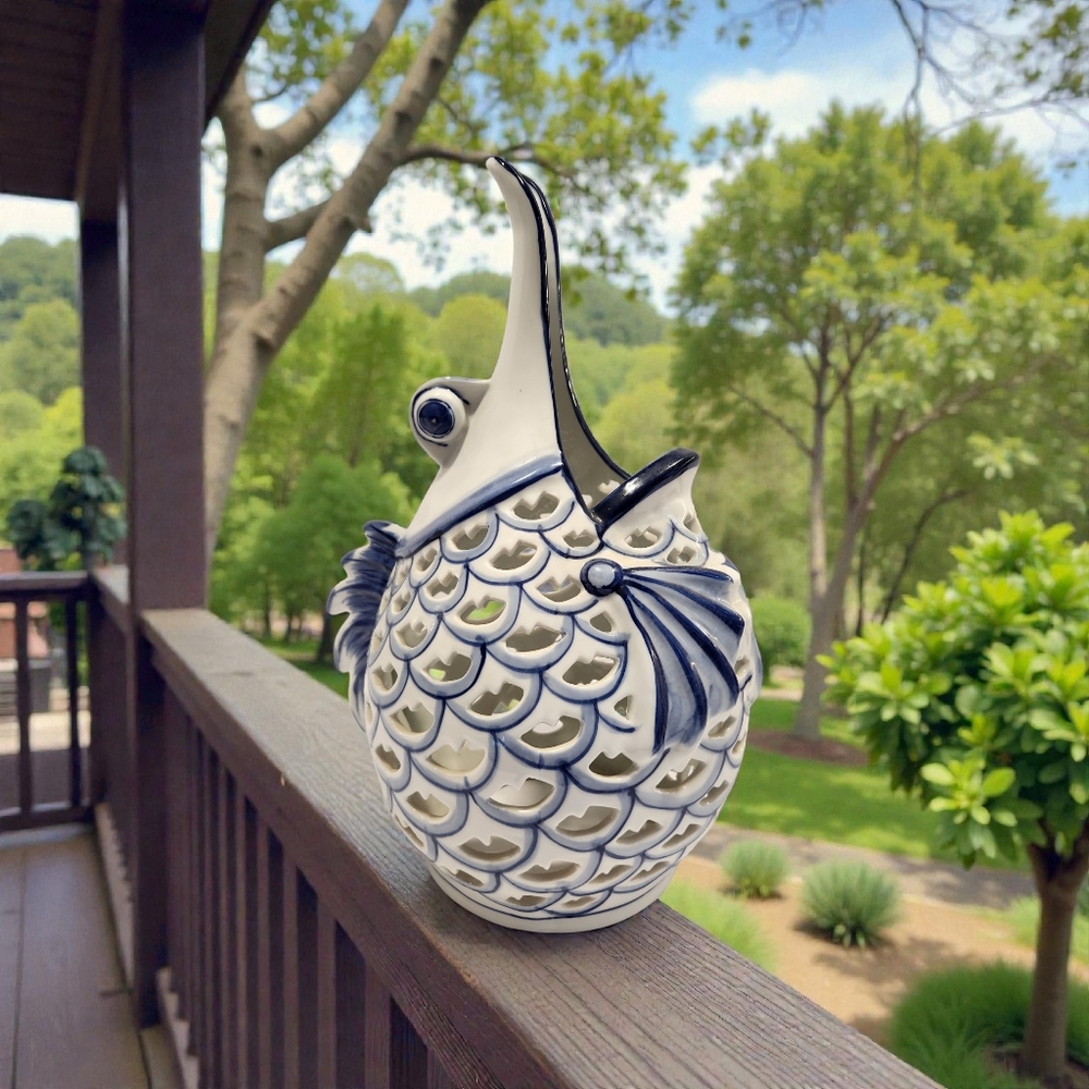 Vintage Blue & White Ceramic Fish Luminary